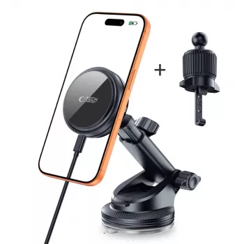 TECH-PROTECT V9 ARCTICBOOST suporte magnético MagSafe para painel e saída de ar do carro com carregador sem fios 25W Qi2.2 preto
