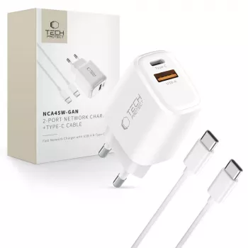 TECH-PROTECT NCA45W-GAN carregador de rede de 2 portas PD 45W / QC3.0 + cabo USB-C branco