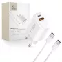 TECH-PROTECT NCA45W-GAN carregador de rede de 2 portas PD 45W / QC3.0 + cabo USB-C branco