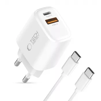 TECH-PROTECT NCA45W-GAN carregador de rede de 2 portas PD 45W / QC3.0 + cabo USB-C branco