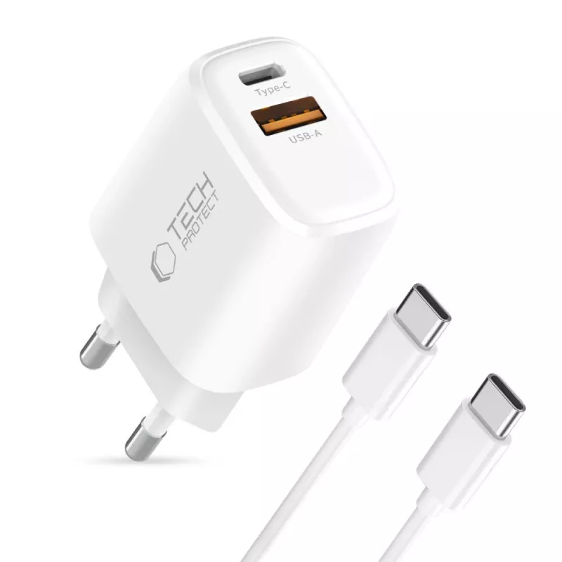 TECH-PROTECT NCA45W-GAN carregador de rede de 2 portas PD 45W / QC3.0 + cabo USB-C branco