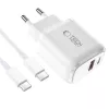 TECH-PROTECT NCA45W-GAN carregador de rede de 2 portas PD 45W / QC3.0 + cabo USB-C branco