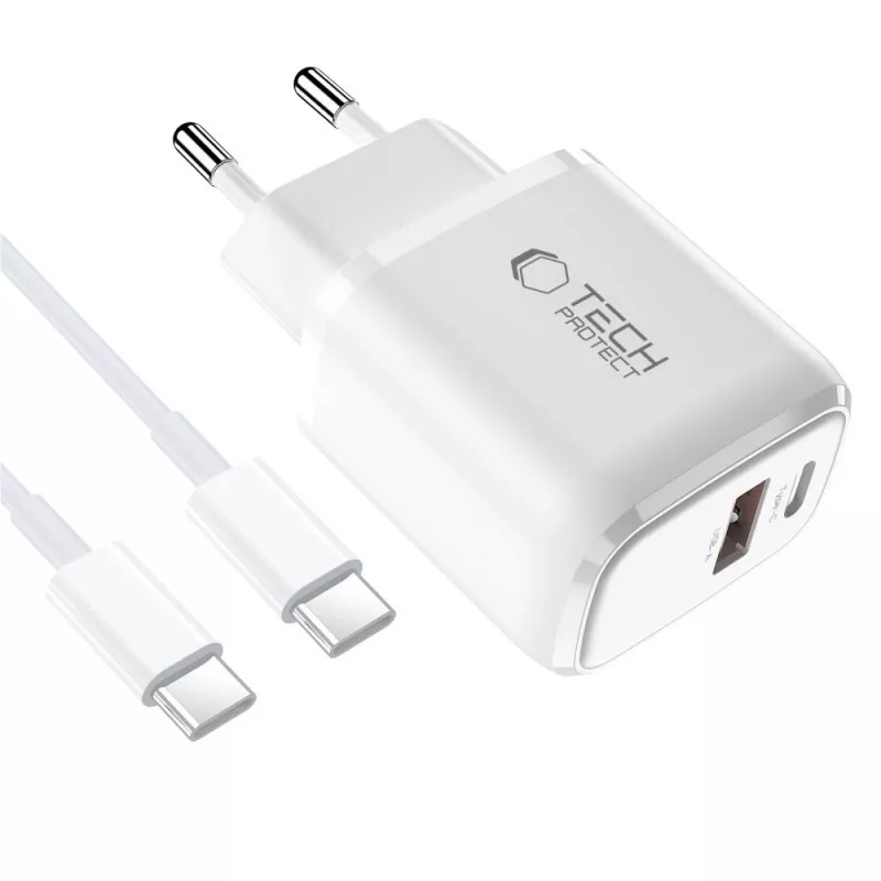 TECH-PROTECT NCA45W-GAN carregador de rede de 2 portas PD 45W / QC3.0 + cabo USB-C branco