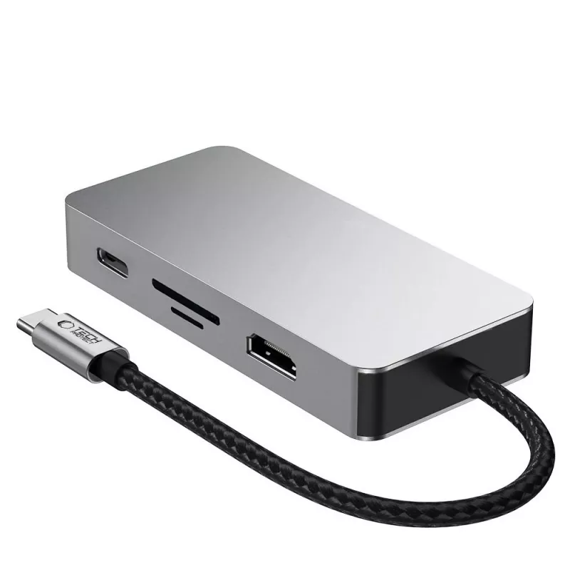 TECH-PROTECT HB05 adaptador Hub USB-C 9 em 1 com USB 2.0, USB 3.0, HDMI 4K 60Hz, SD/TF, PD 100W, RJ45 Gigabit Ethernet, cinzento sideral