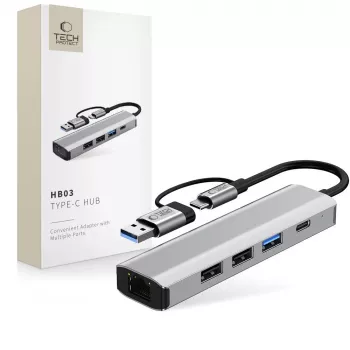 TECH-PROTECT HB03 adaptador Hub 5em1 Type-C + USB 2.0 + USB 3.0 + RJ45 cinzento sideral