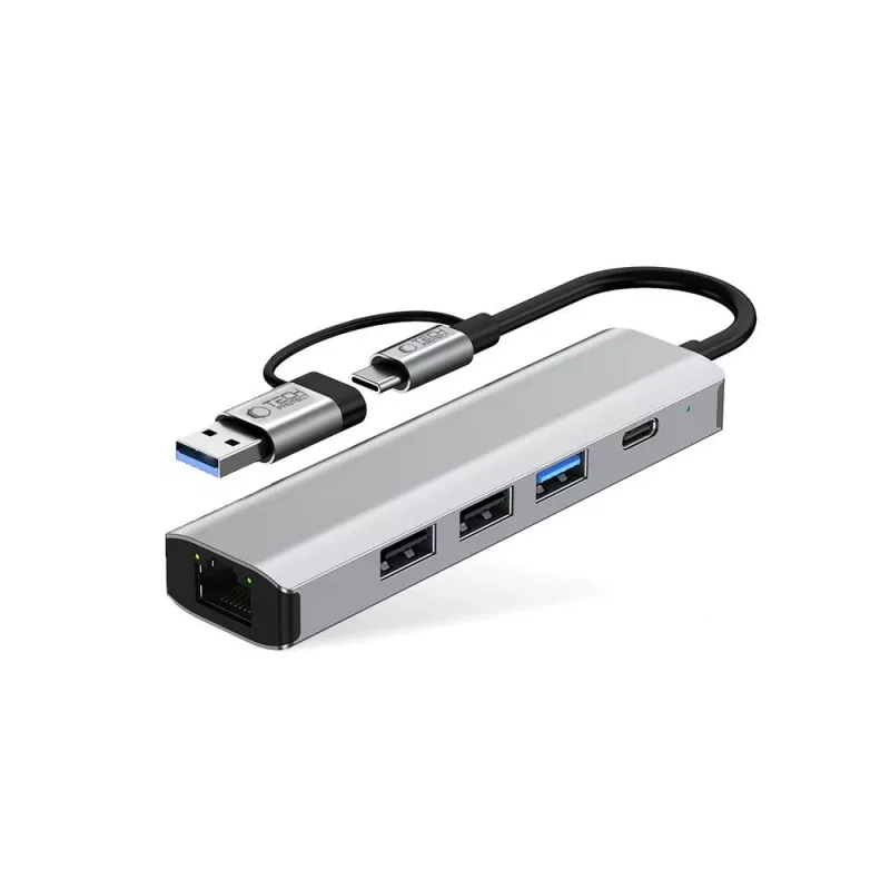 TECH-PROTECT HB03 adaptador Hub 5em1 Type-C + USB 2.0 + USB 3.0 + RJ45 cinzento sideral