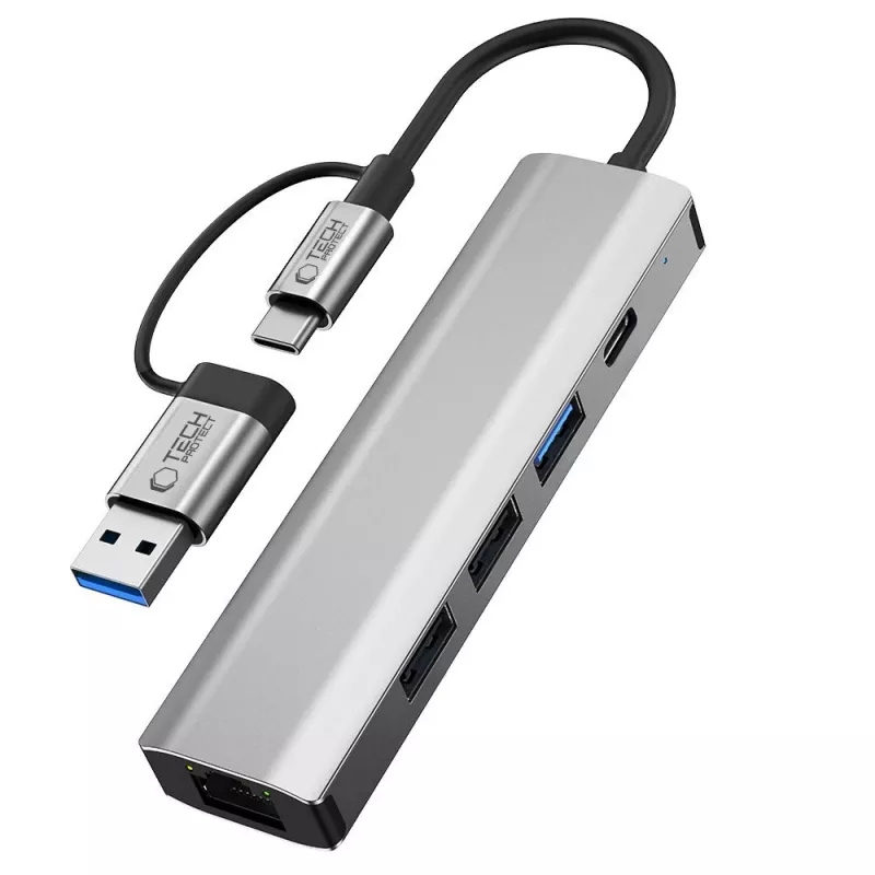 TECH-PROTECT HB03 adaptador Hub 5em1 Type-C + USB 2.0 + USB 3.0 + RJ45 cinzento sideral
