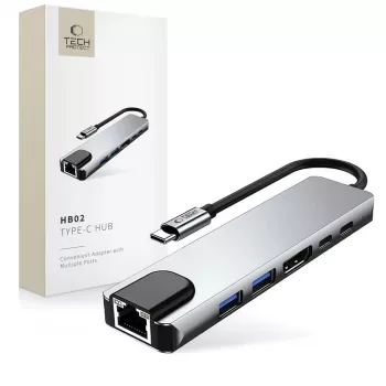 TECH-PROTECT HB02 adaptador HUB 6 em 1 USB-C + USB 2.0 + USB 3.0 + HDMI 4K 30Hz + RJ45 + PD 100W cinzento sideral