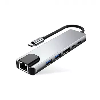 TECH-PROTECT HB02 adaptador HUB 6 em 1 USB-C + USB 2.0 + USB 3.0 + HDMI 4K 30Hz + RJ45 + PD 100W cinzento sideral