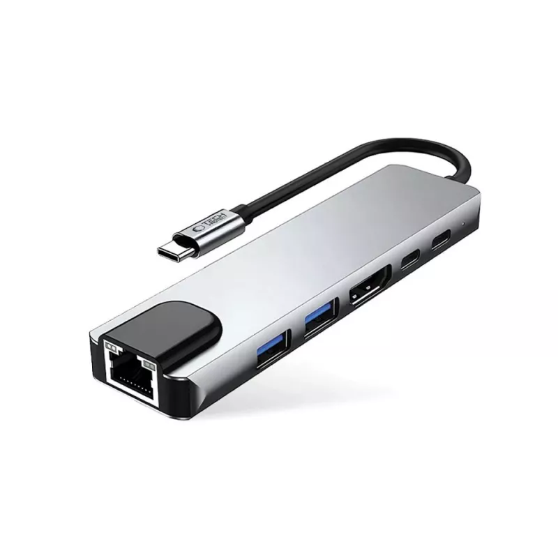 TECH-PROTECT HB02 adaptador HUB 6 em 1 USB-C + USB 2.0 + USB 3.0 + HDMI 4K 30Hz + RJ45 + PD 100W cinzento sideral