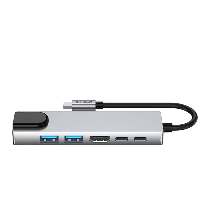TECH-PROTECT HB02 adaptador HUB 6 em 1 USB-C + USB 2.0 + USB 3.0 + HDMI 4K 30Hz + RJ45 + PD 100W cinzento sideral