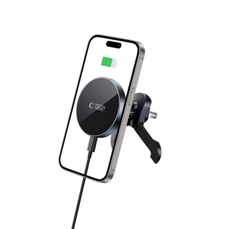 TECH-PROTECT MM15W-V5 suporte de carro magnético MagSafe estável para saída de ar com carregador sem fios 15W preto/preto