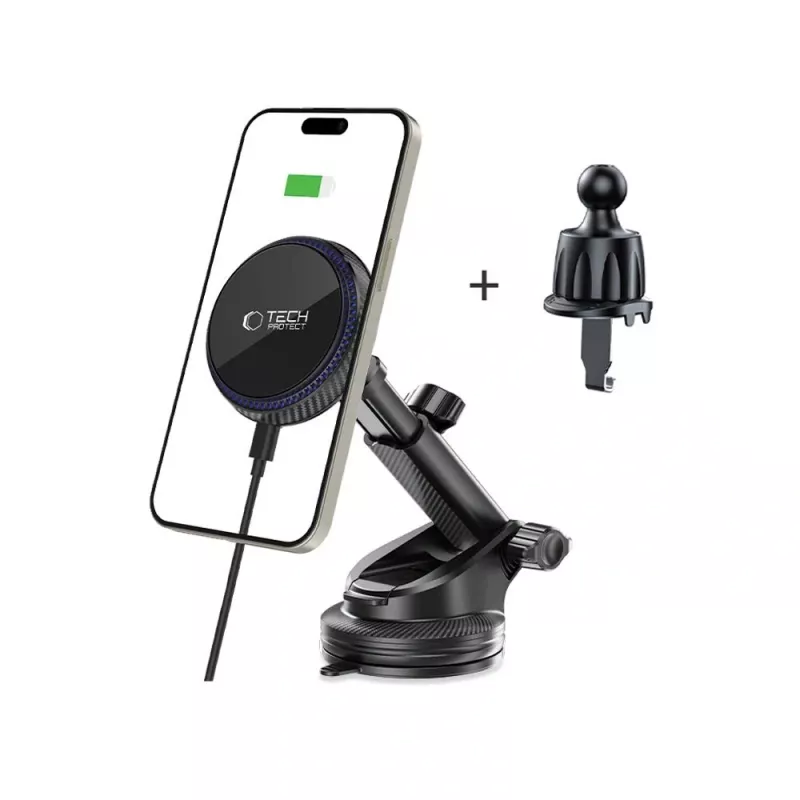 TECH-PROTECT MM15W-V4 suporte de carro magnético MagSafe para painel e saída de ar com carregador sem fios 15W preto