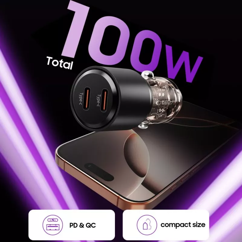 TECH-PROTECT CC03 carregador de carro de 2 portas PD 100W preto