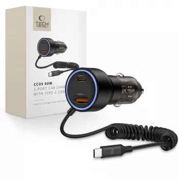 TECH-PROTECT CC05 carregador de carro de 2 portas PD 60W + cabo preto