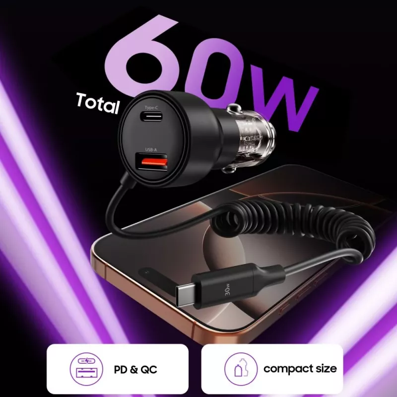 TECH-PROTECT CC05 carregador de carro de 2 portas PD 60W + cabo preto