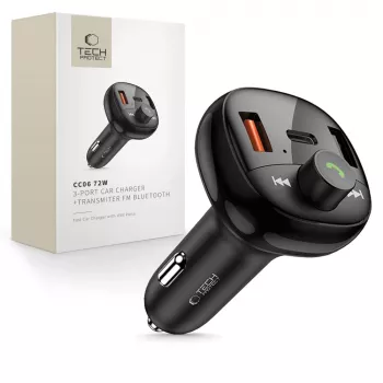 TECH-PROTECT CC06 Carregador de Automóvel 3 Portas PD 72W + Transmissor FM Bluetooth Preto
