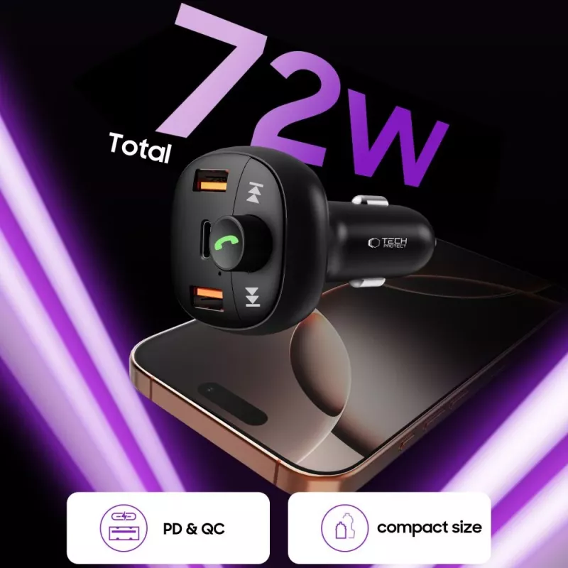 TECH-PROTECT CC06 Carregador de Automóvel 3 Portas PD 72W + Transmissor FM Bluetooth Preto
