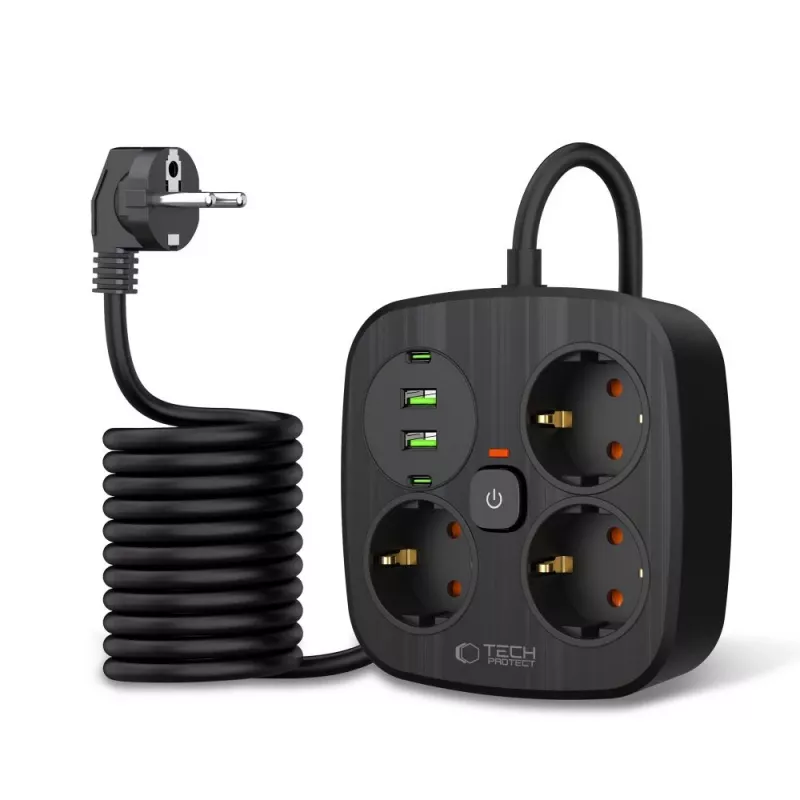 TECH-PROTECT PCS3X4 Extensão Elétrica 2 USB & 2 Type-C & 3 Tomadas 200cm Preto
