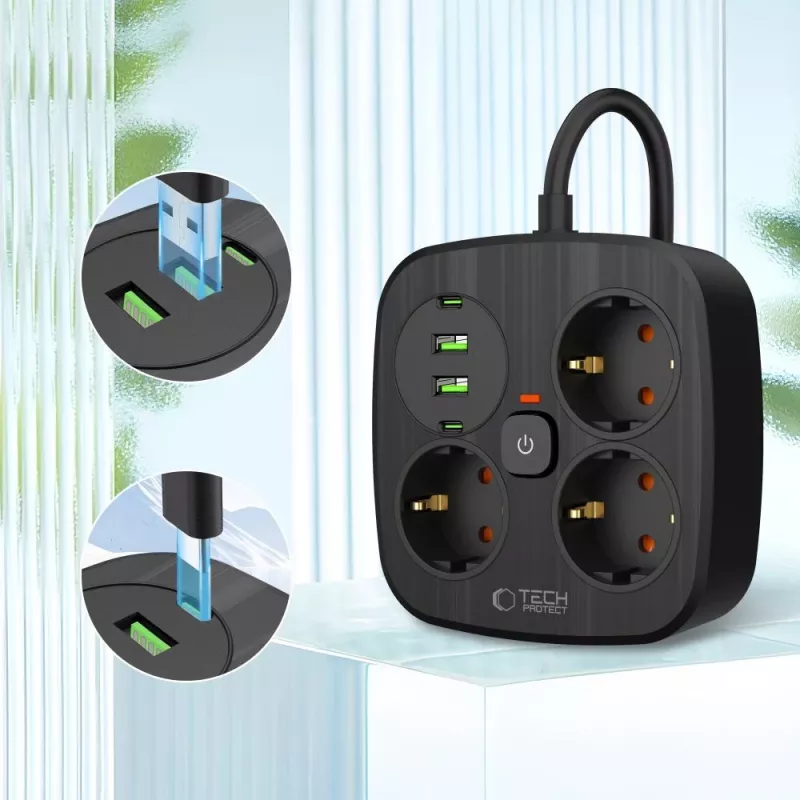 TECH-PROTECT PCS3X4 Extensão Elétrica 2 USB & 2 Type-C & 3 Tomadas 200cm Preto