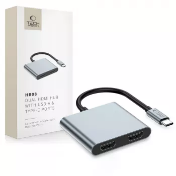 TECH-PROTECT HB08 Hub Adaptador 4 em 1 USB-C + USB 2.0 + 2x HDMI 4K 60Hz Cinzento Espacial