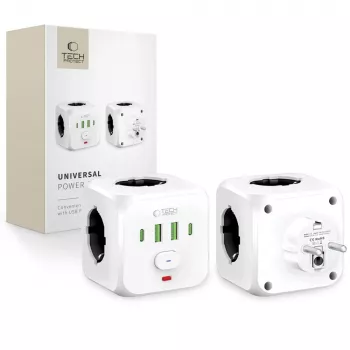 TECH-PROTECT PCL3X4 Extensão Elétrica 3 Tomadas Schuko 2 USB-A 2 USB-C 2m Branca
