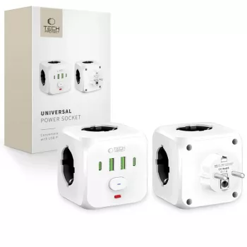 TECH-PROTECT PCL3X4 Extensão Elétrica 3 Tomadas Schuko 2 USB-A 2 USB-C 2m Branca