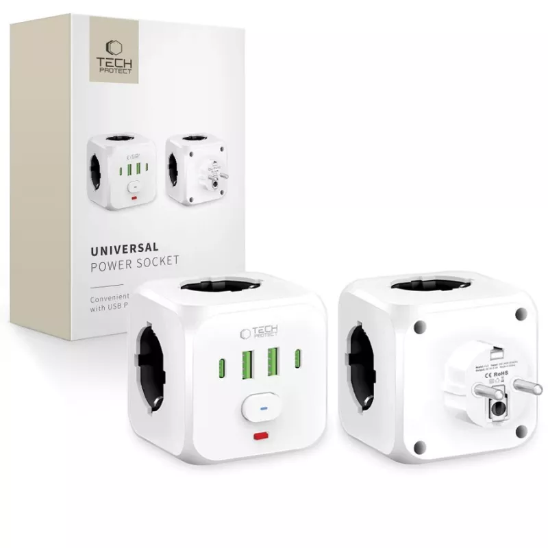 TECH-PROTECT PCL3X4 Extensão Elétrica 3 Tomadas Schuko 2 USB-A 2 USB-C 2m Branca