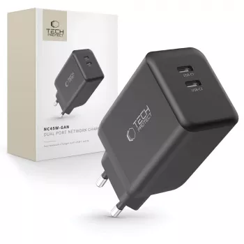 TECH-PROTECT NC45W-GAN Carregador de Rede 2 Portas PD 45W Preto