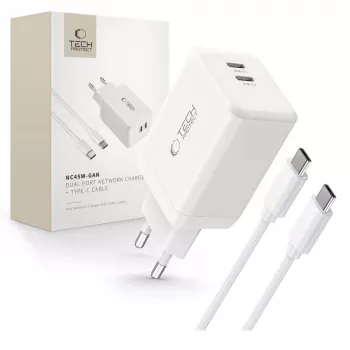 TECH-PROTECT NC45W-GAN Carregador de Rede 2 Portas PD 45W + Cabo USB-C Branco