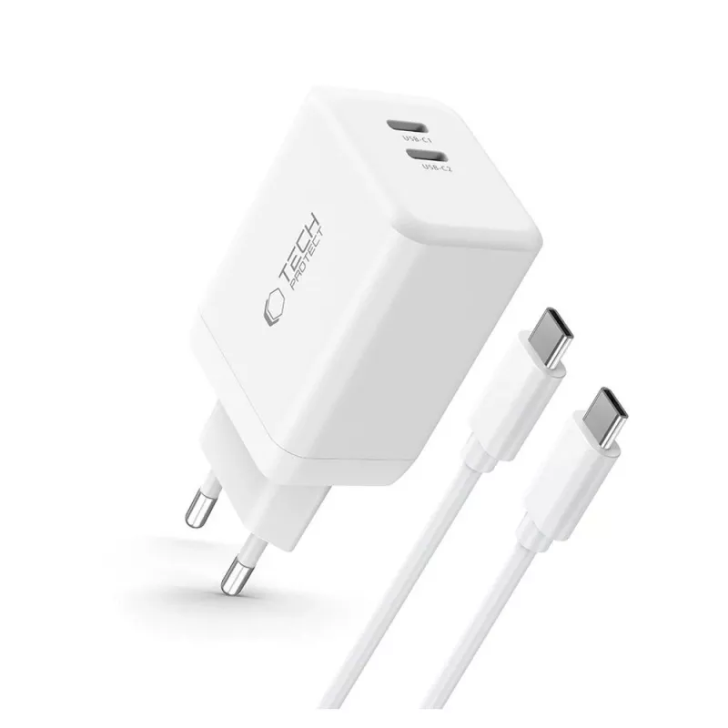 TECH-PROTECT NC45W-GAN Carregador de Rede 2 Portas PD 45W + Cabo USB-C Branco