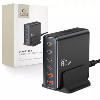 Carregador USB-C Tech-Protect DC80W-GAN GaN 80W 6-PORT preto