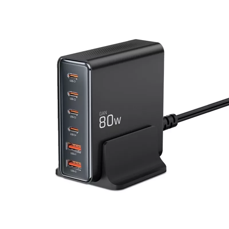 Carregador USB-C Tech-Protect DC80W-GAN GaN 80W 6-PORT preto