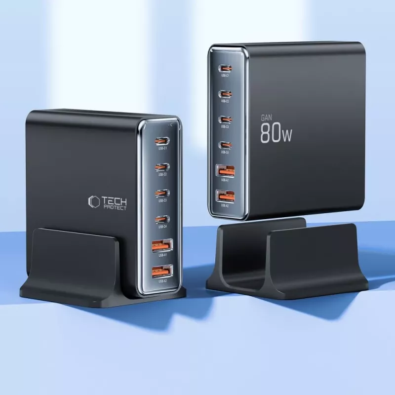 Carregador USB-C Tech-Protect DC80W-GAN GaN 80W 6-PORT preto