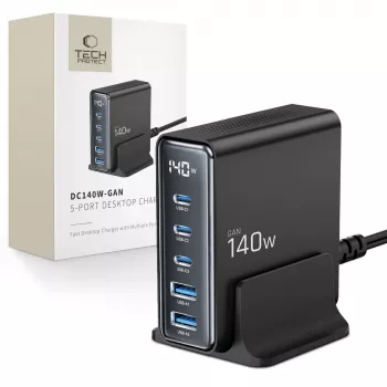 TECH-PROTECT DC140W-GAN Carregador de Secretária 5 Portas PD 140W / QC3.0 Preto