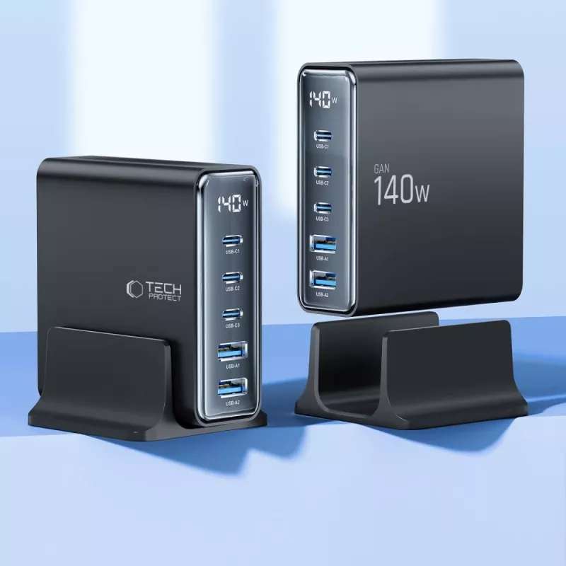 TECH-PROTECT DC140W-GAN Carregador de Secretária 5 Portas PD 140W / QC3.0 Preto