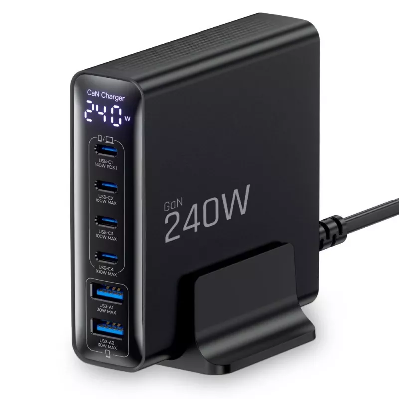 TECH-PROTECT DC240W-GAN Carregador de Secretária de 6 Portas PD 240W / QC3.0 Preto