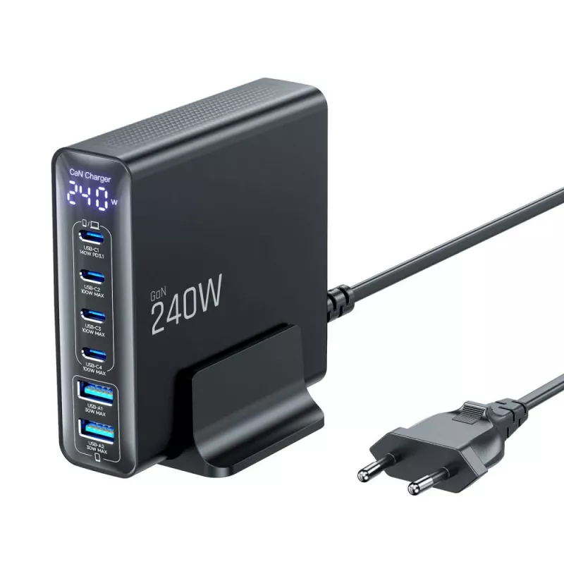 TECH-PROTECT DC240W-GAN Carregador de Secretária de 6 Portas PD 240W / QC3.0 Preto