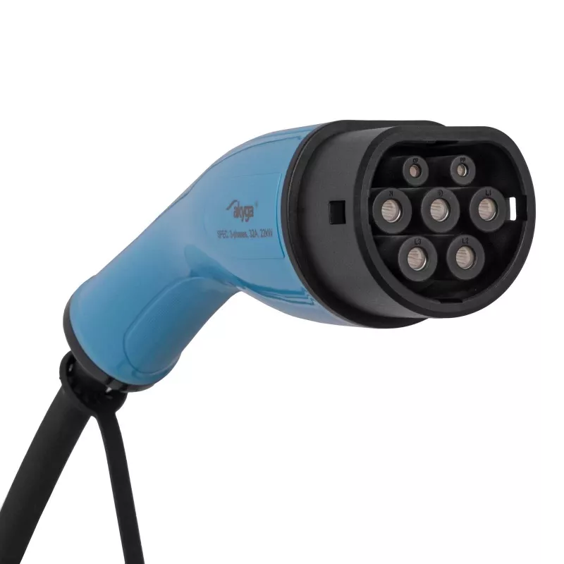 Carregador EV móvel Akyga AK-EC-22, Type 2, ficha CEE 5 pinos, trifásico, 32 A, 22 kW, LCD, 5 m