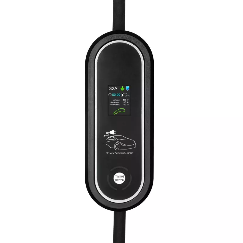 Carregador EV móvel Akyga AK-EC-22, Type 2, ficha CEE 5 pinos, trifásico, 32 A, 22 kW, LCD, 5 m