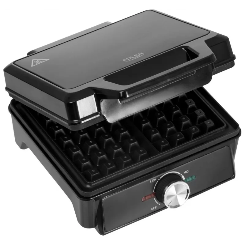 Adler AD 3088 máquina de waffles para 2 waffles grandes, 1600 W (máx. 2000 W), placas antiaderentes, temperatura regulável, preto (AD 3088)