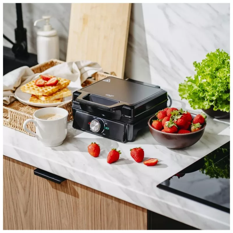 Adler AD 3088 máquina de waffles para 2 waffles grandes, 1600 W (máx. 2000 W), placas antiaderentes, temperatura regulável, preto (AD 3088)