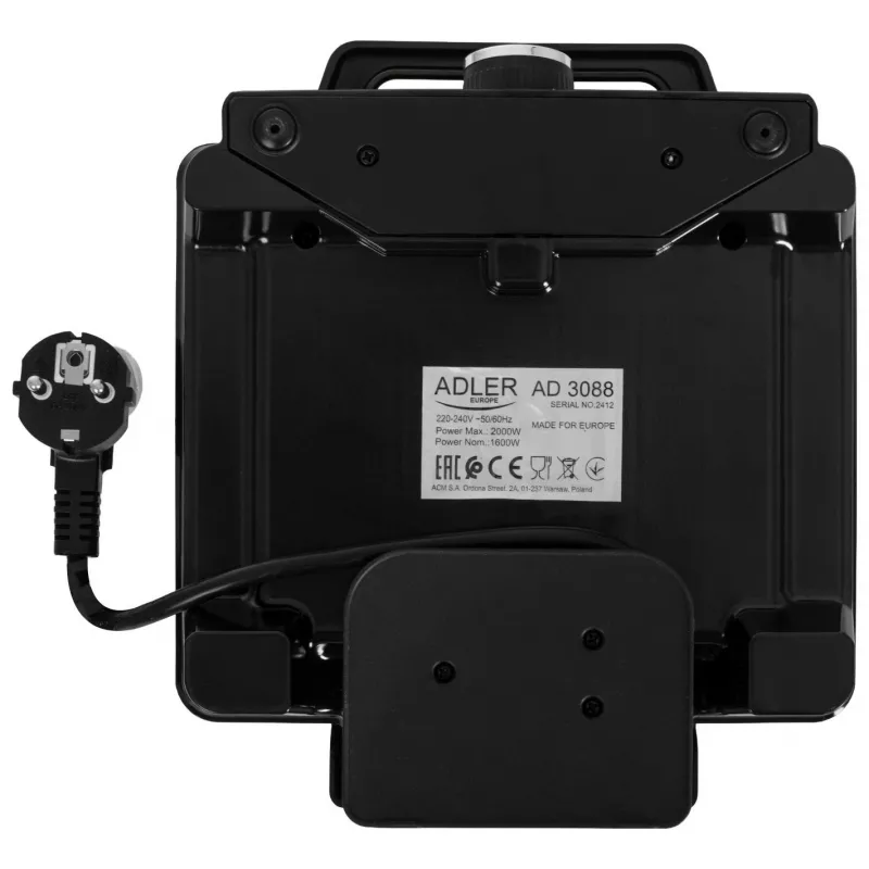Adler AD 3088 máquina de waffles para 2 waffles grandes, 1600 W (máx. 2000 W), placas antiaderentes, temperatura regulável, preto (AD 3088)