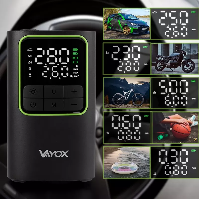 VAYOX VA0409 Bomba de Ar Recarregável 4000mAh Cilindro 19mm Enchedor de Pneus Digital