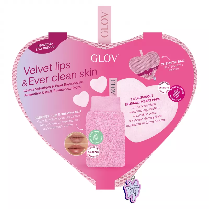 GLOV Conjunto Velvet Lips Scrubex & Discos de coração reutilizáveis ultrasoft (pack de 3) - esfoliante labial e discos de limpeza facial