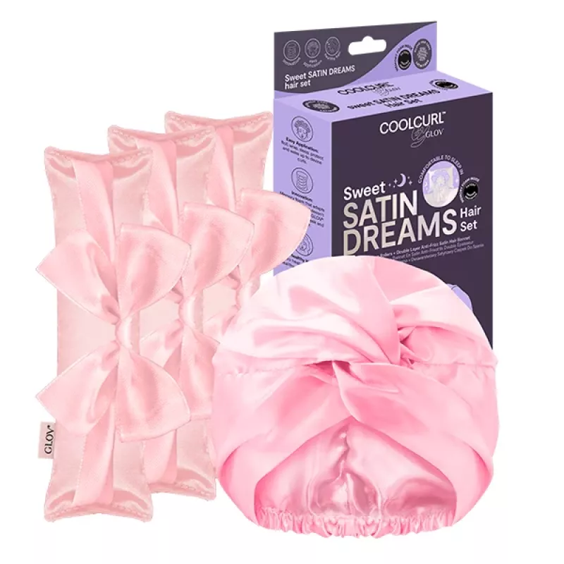GLOV_SET Sweet Satin Dreams Rolo para caracóis sem calor 3 peças + Touca de dormir de cetim de dupla camada 1 peça preta