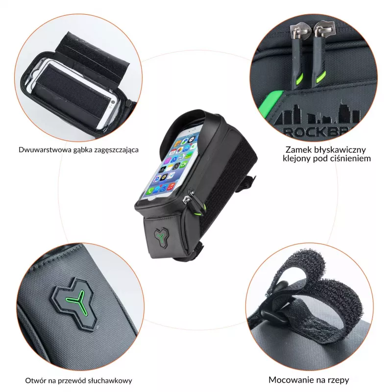 Bolsa de quadro de bicicleta ROCKBROS 029-1BK com bolsa para telemóvel - preto