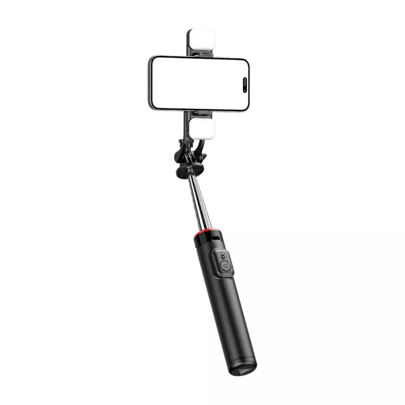 HURTEL Pau de selfie WC13YDS bastão telescópico 1,3 m com luz LED dupla e suporte para telemóvel - preto