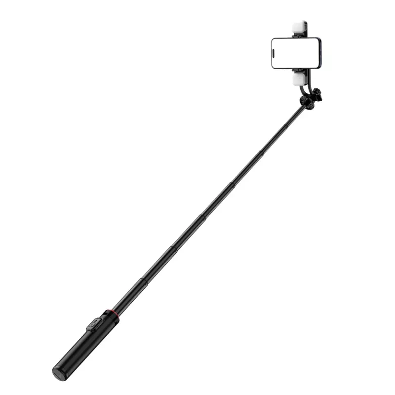 WOZINSKY Pau de selfie WC12YDS bastão telescópico 1,3 m liga de alumínio com luz LED dupla e suporte para telemóvel - preto
