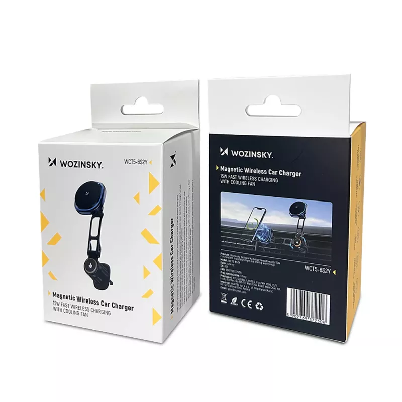 Suporte de automóvel Wozinsky WCT5-6S2Y com carregador sem fios Qi/MagSafe 15W e ventoinha para saídas de ar - Preto
